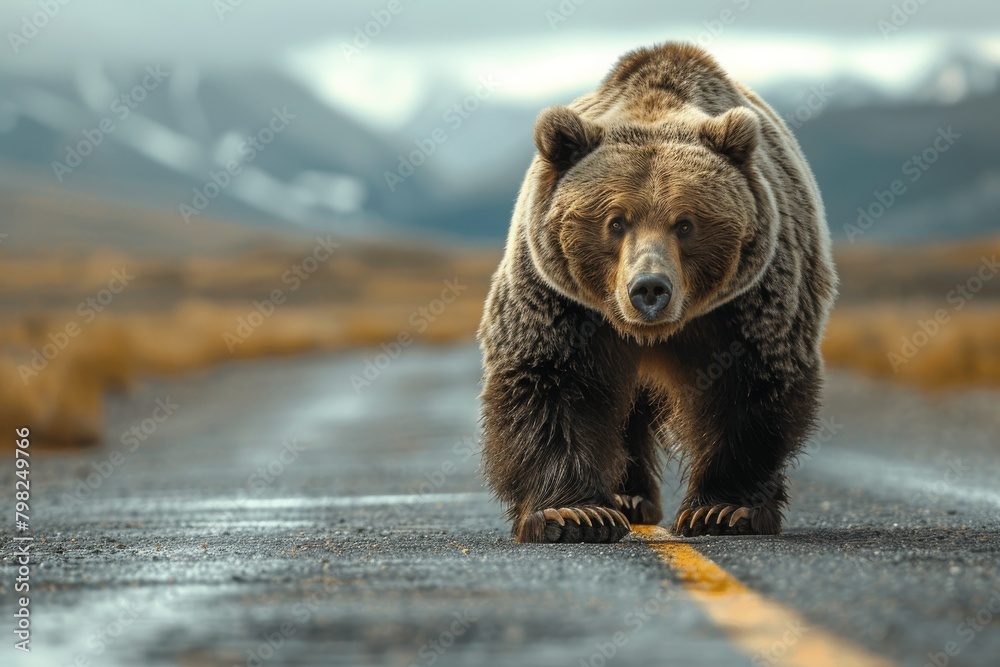 Obraz premium A grizzly bear on a paved road in the USA. Concept of the danger of a wild animal attack.