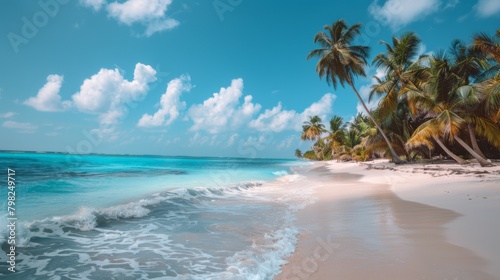 A beach with a white sand and blue water, AI