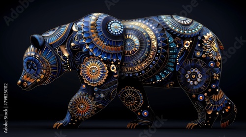 A large ornate bear sculpture with a dark background, AI