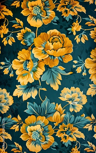 vintage teal and dark yellow floral pattern on vintage wallpaper in the style of vintage wallpaper 
