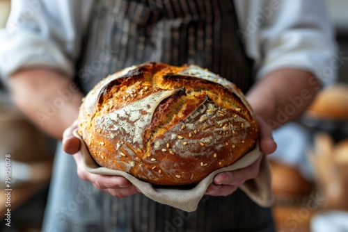 The baker holds a freshly baked delicious bread. Copy space, perfect for bakery advertising. 