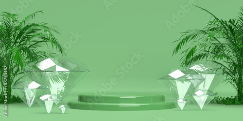 Luxury diamond minimalist product display podium platform with palm green background, copy space. 3D render illustration design. Summer concept. Creative empty award stage mockup, lighting effects.