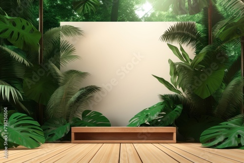Product presentation with a wooden podium outdoors tropics nature.