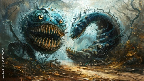 Two blue monsters with sharp teeth and many eyes. They look at each other in a dark forest filled with brown trees and dry leaves on the ground.