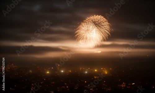 Fireworks over the city  in the night sky. Panorama style. Dark sky  bright flashes  simulation of shooting with high shutter speed. Ai. Posters  banners  blogs  stories.