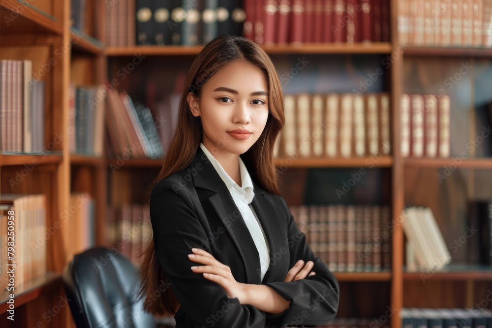 Young professional woman lawyer with crossed arms stands in front of a bookshelf.
