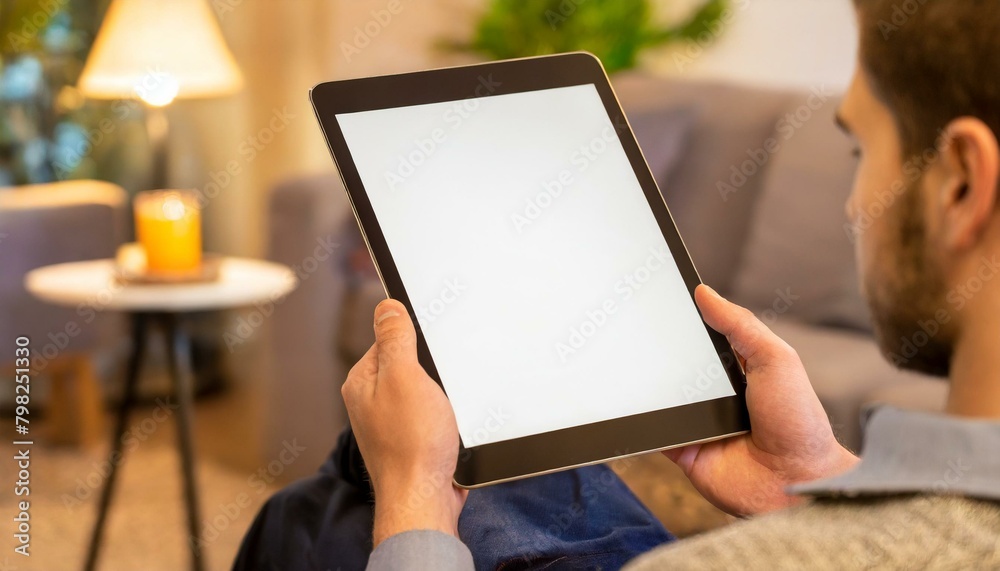 Tablet held by Man in a Living Room - Mockup for Application or Web Design - Template for Presentation of Graphic Design - Corporate Representation at Consumers