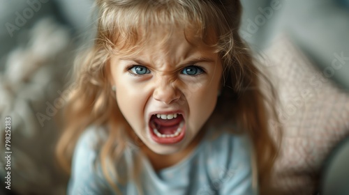 Angry little girl screaming on sofa at home, closeup view