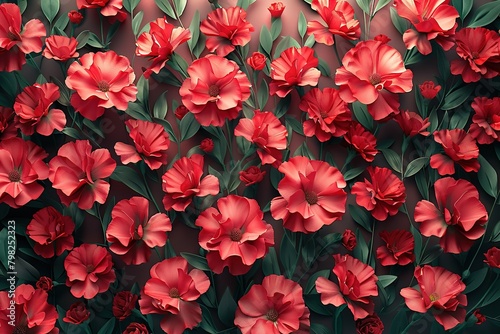 Beautiful Flowers arranged to create a Elegant wall. Colorful  Red Background formed from Vibrant Carnations. 3D Render