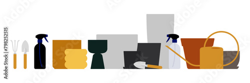 Planters, baskets, flower pots. Indoor Plant Care Tools. Gardening tools. Home plants growing equipment and essentials. Minimalist vector illustration. Isolated