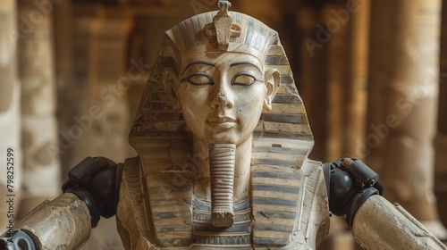 a fictional statue of an egyptian pharaoh with robotic arms, AI © starush