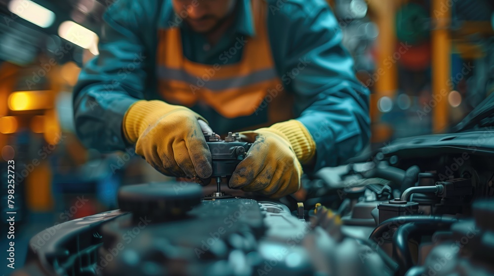 Auto mechanic working in auto repair service. Selective focus on car engine.