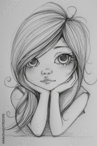 Pencil drawing of a cartoon girl with long hair and big eyes. He leans on his hands and looks at the camera.