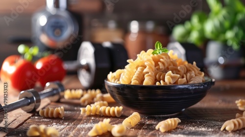 fitness challenge poster featuring whole wheat pasta as the recommended pre-workout meal, with weights and a timer in view photo