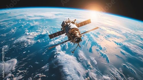 Astronaut in orbit with earth background, serene beauty of space exploration in awe inspiring view photo