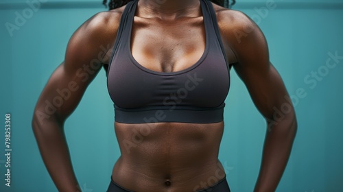 A woman in a sports bra posing for the camera, AI