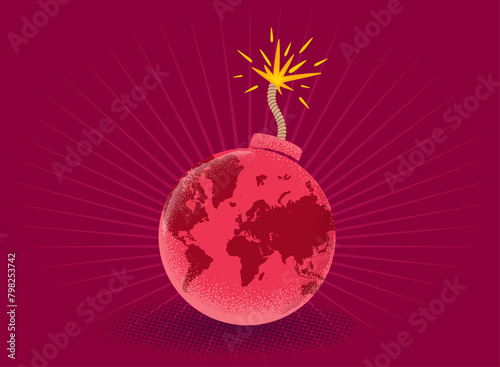 Vector vintage poster of a bomb with World map. Earth like bomb. World crisis