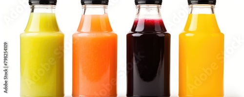 Four different colored juice bottles on white