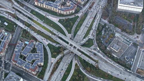 Urban Convergence: Aerial 4K View of Large Highway Intersection in Los Angeles