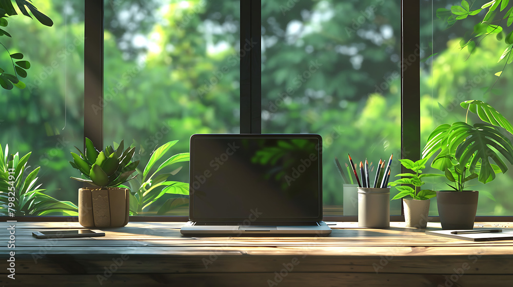 The scene is serene and inviting, with a wooden desk positioned near a large window. The room is well-lit, creating a peaceful ambiance. The scene is serene and inviting, with a wooden desk positioned near a large window. The room is well-lit, creating a peaceful ambiance.