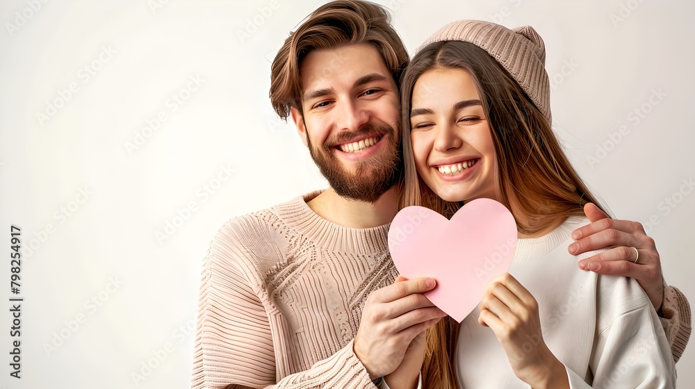 Smiling couple holding a pink heart, showing affection. Casual style, light background. Ideal for Valentine's Day and love themes. Captured in a studio. AI