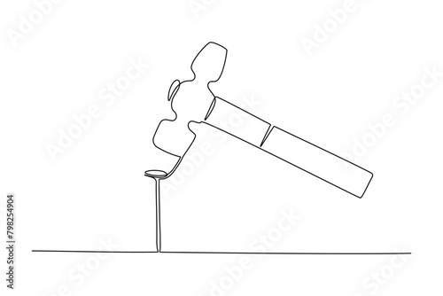 Continuous one line drawing of hammer with nail. Vector illustration