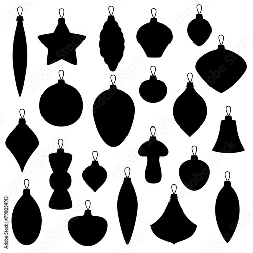 Set of black silhouettes Christmas tree decorations. Collection of xmas decorative elements, vector illustration