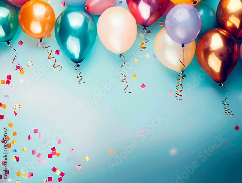 Colorful balloons with confetti. Birthday or party background. Copy space for text. Festive greeting card.