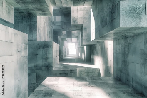 Dynamic Cube Corridor Perspective. Cubes cascade through multi-level space, guiding the eye in a mesmerizing journey.