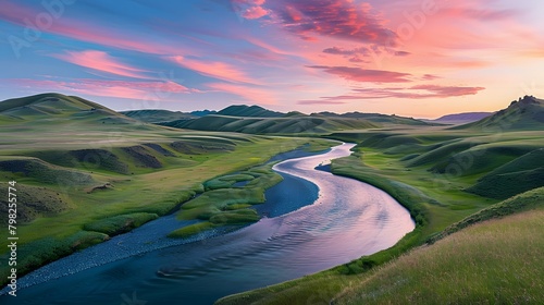 a backdrop of rolling hills and meandering streams, the HD camera captures the serene beauty of a countryside sunset, with vibrant colors streaking across the sky and reflecting