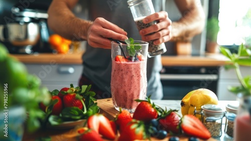 male athlete making a smoothie. selective focus