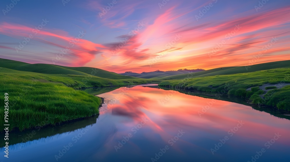 a backdrop of rolling hills and meandering streams, the HD camera captures the serene beauty of a countryside sunset, with vibrant colors streaking