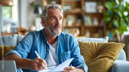 Senior man reviewing documents at home. A moment of contemplation caught in a casual setting. Thoughtful, relaxed style suitable for lifestyle content. AI photo