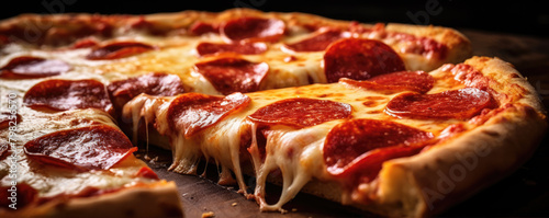 Close-up melting cheese pepperoni pizza.