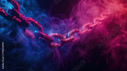 3d illustration of red chain links on black background with blue smoke