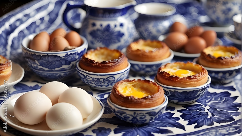 On traditional Portuguese azulejo tiles, the ingredients for Pastel de Nata are artfully arranged, showcasing the culinary heritage of Portugal. The tiles feature intricate blue and white patterns, pr