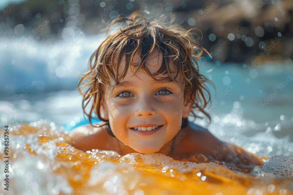 portrait of a happy child having fun on a bodyboard in the waves on a summer holiday