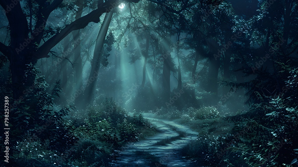 a backdrop of towering trees and winding paths, the HD camera captures the mystical atmosphere of a forest at night, with beams of moonlight filtering through the canopy 