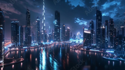 A futuristic rendering of Dubai s skyline at night with neon lights and waterways reflecting the illuminated city