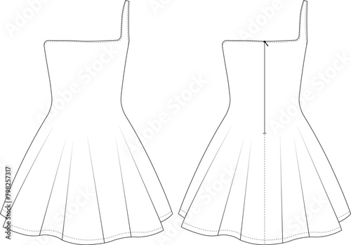 asymmetric neck sleeveless one shoulder strappy zippered flared a -line mini short dress gown template technical drawing flat sketch cad mockup fashion woman design style model
