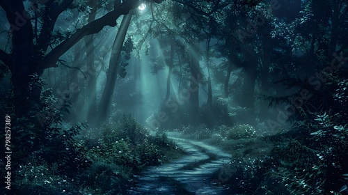 a backdrop of towering trees and winding paths, the HD camera captures the mystical atmosphere of a forest at night, with beams of moonlight filtering through the canopy  photo