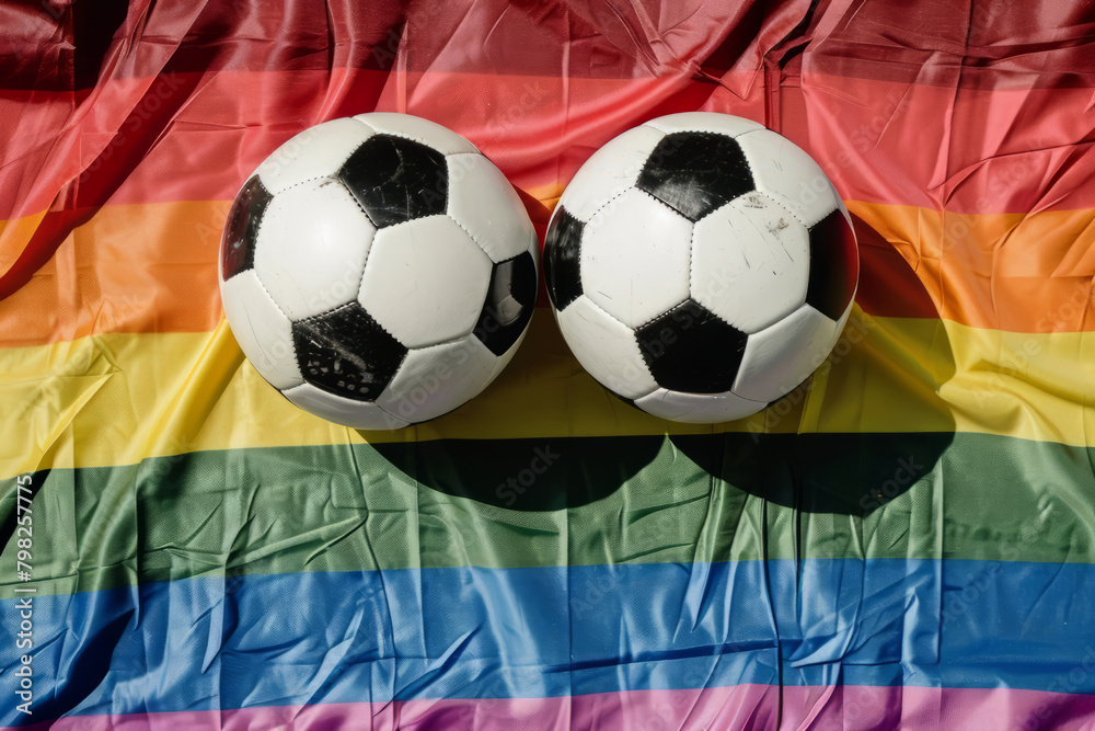 Naklejka premium Soccer football ball on an LGBTQ gay pride rainbow flag