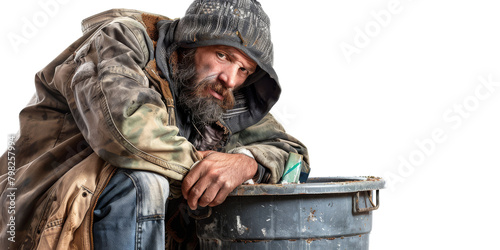 homeless man rummaging through a trash can. The problem of choosing between unhealthy and healthy foods photo