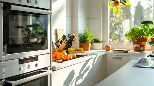 The overall ambiance is bright and airy, thanks to the abundant natural light flooding the space. White countertops take center stage, adorned with fresh oranges and various kitchen utensils