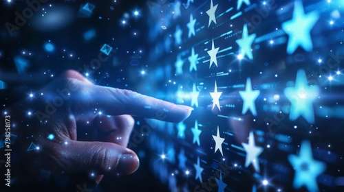 A human finger reaching out to touch a futuristic, starry digital interface, symbolizing connection and technology