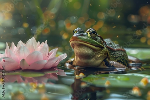 frog in the pond next to lotus flower