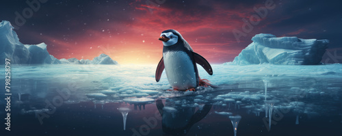 Lonely penguin on icy landscape at sunset