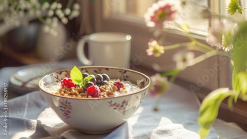 cozy breakfast scene with a buckwheat porridge bowl, topped with fresh berries and nuts, near a sunny window