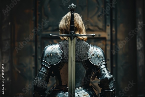 A woman with blond hair in armor stands with a sword behind her back.