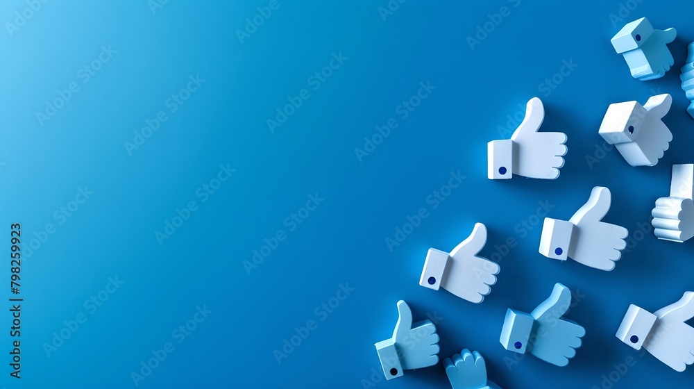 Naklejka premium Scattered 3D like icons on blue background symbolizing social media engagement. Ideal for digital marketing materials. Clean and modern style. AI